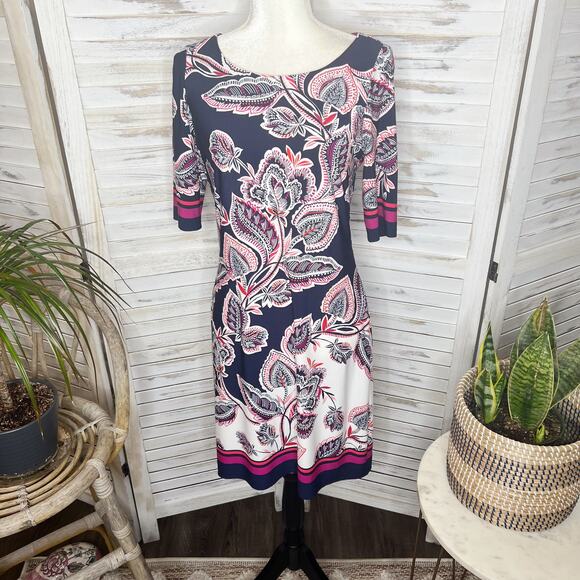 Eliza J Bold Floral Print Knee Length Shift Dress Navy 6 Elbow Sleeves 6 Bandana - Picture 2 of 15